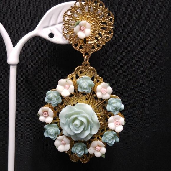Vintage Floral Filigree Gold Post Dangle Earrings, Pink Blue Flowers, 3 Inches - Picture 4 of 12